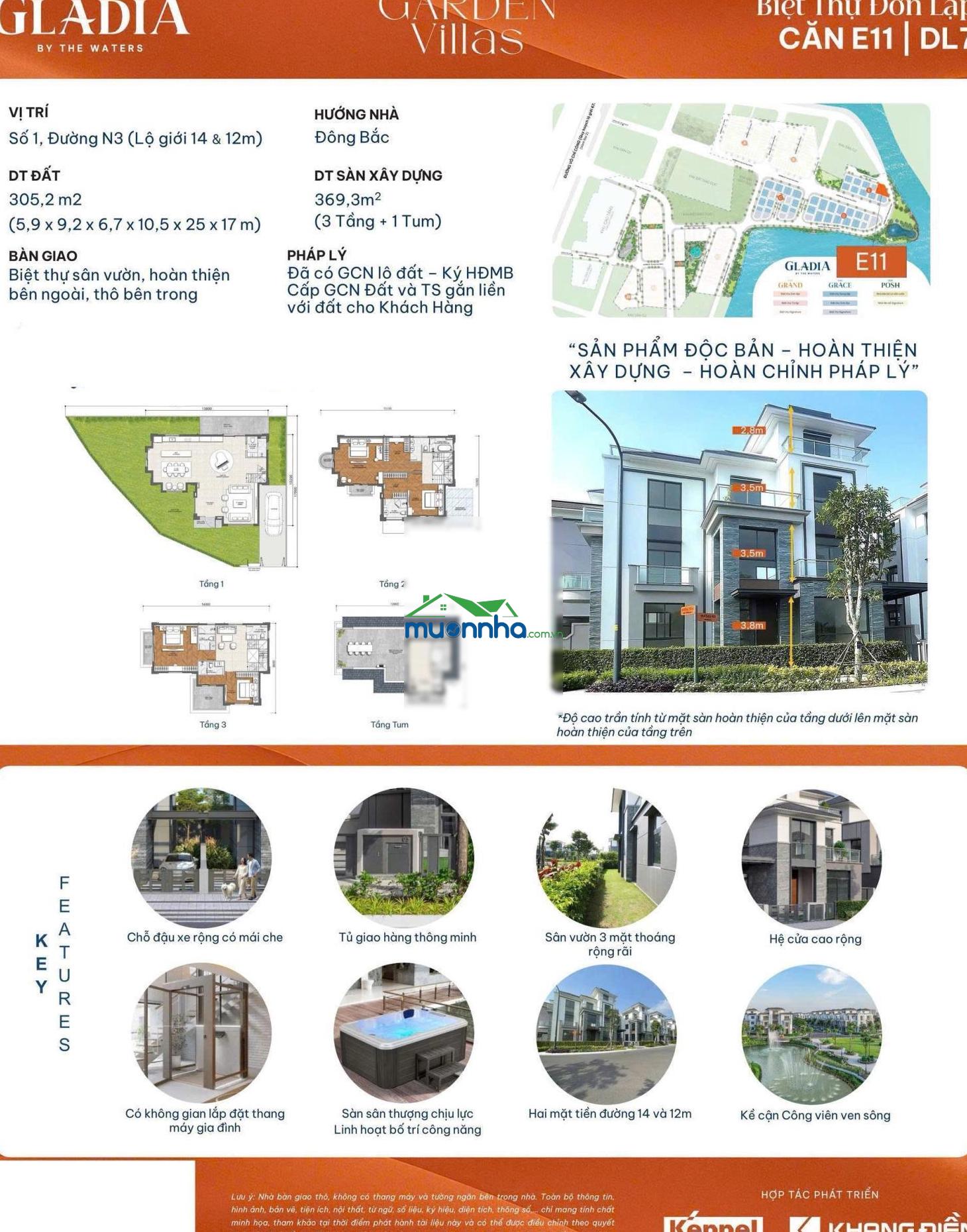 Gladia: biệt thự đơn lập góc 2 mặt tiền đẹp, đối diện sông &công viên. dt 305 m2. mua trực tiếp cđt