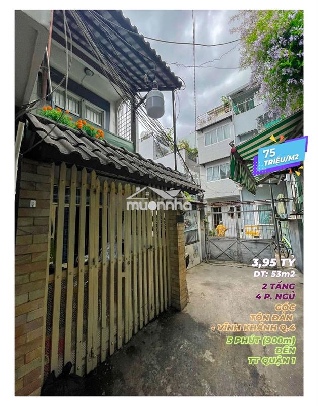 Chỉ 3,95 tỷ (75 tr/m2) nhà 2 tầng dt 53m2 góc tôn đản - vĩnh khánh q4