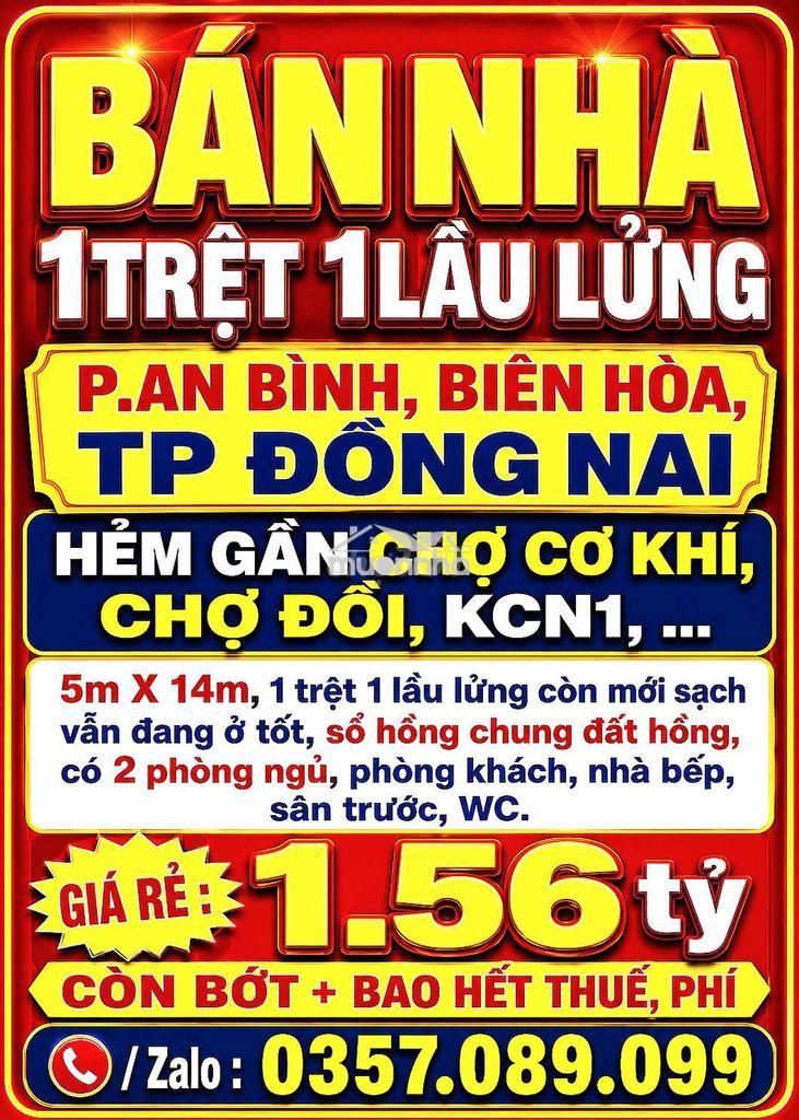 Bán nhà p.an bình, 1trệt 1lầu lửng, hẻm gần chợ cơ khí, chợ đồi, kcn1