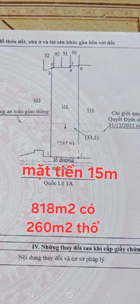 Bán 818m2 có 260m2 thổ nhà c4 mt ql1a, p xuân lộc, đồng nai