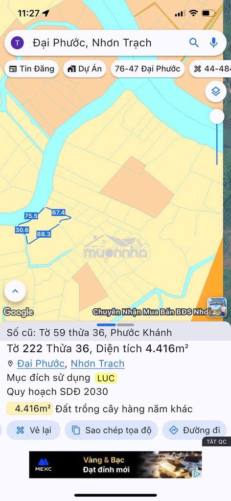 Hơn 1ha đất 3 mặt tiền rạch – giá chỉ 1 triệu/m² tại nhơn trạch