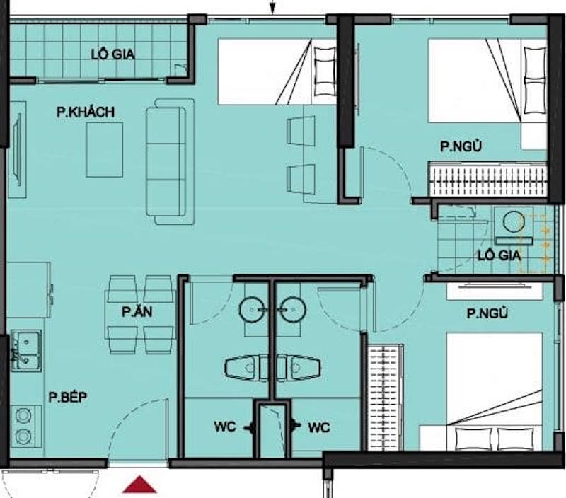 Mặt bằng căn hộ 2 phòng ngủ+