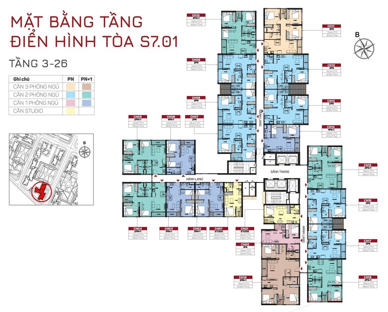 Layout S701 căn hộ tầng 2-26