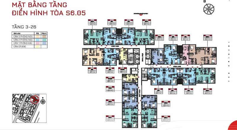 Tòa T: 7 căn hộ 2 phòng ngủ và 5 căn hộ 2 phòng ngủ+ trên mỗi mặt sàn.