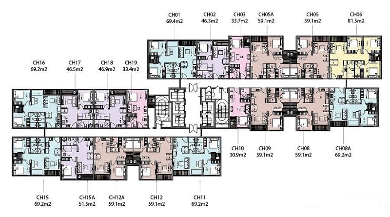 Mặt bằng Tòa chữ Z: Được xây dựng với chiều cao 25 – 26 tầng, bố trí 19 căn hộ trên mỗi sàn, với hệ thống 4 thang máy, đảm bảo sự di chuyển thuận tiện và nhanh chóng cho cư dân.