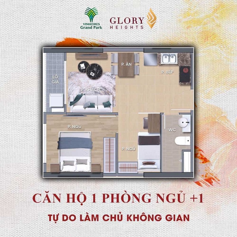 Căn hộ 1PN+1: Không gian sống tối ưu cho cặp đôi hoặc gia đình nhỏ, linh hoạt sử dụng thêm không gian làm việc.