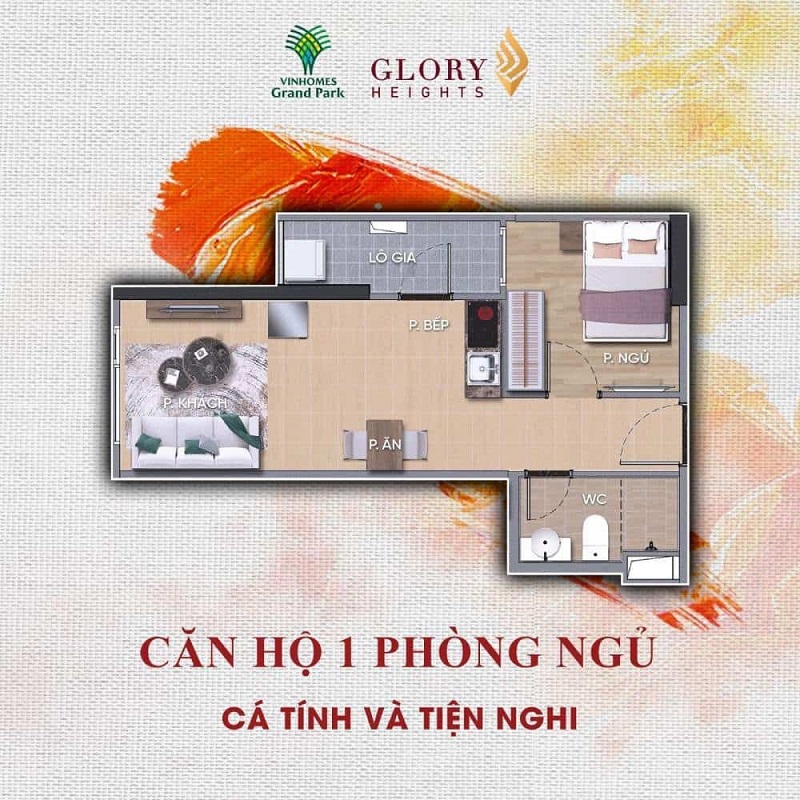 Căn hộ 1PN: Không gian sống tối ưu cho cặp đôi hoặc gia đình nhỏ, linh hoạt sử dụng thêm không gian làm việc.