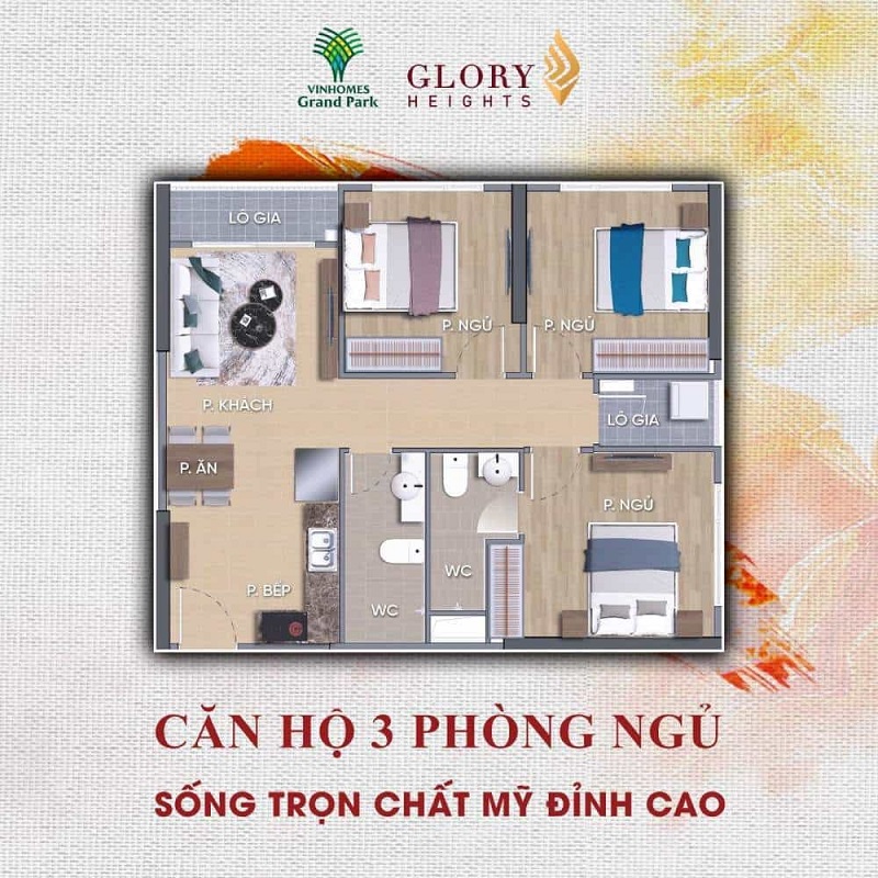 Căn hộ 3PN: Dành cho các gia đình đa thế hệ hoặc những chủ nhân yêu thích không gian sống rộng rãi, sang trọng.