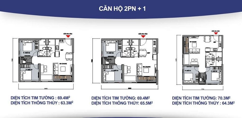 Căn hộ 2 phòng ngủ (2PN): Sở hữu không gian rộng rãi, phù hợp với các gia đình nhỏ, có thiết kế linh hoạt giúp tối ưu hóa diện tích sử dụng.