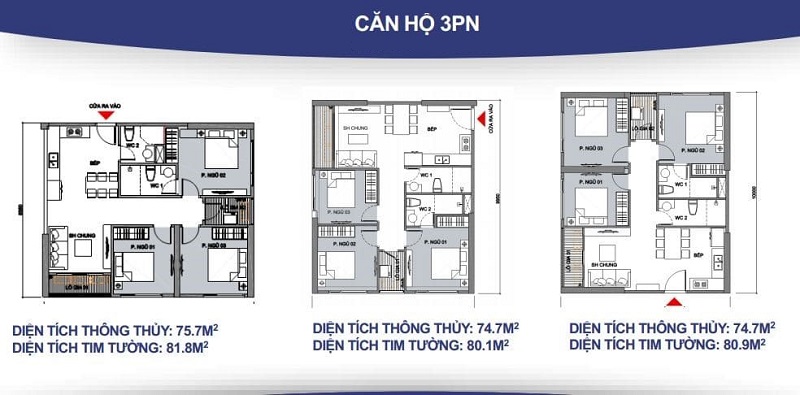 Căn hộ 3 phòng ngủ (3PN): Dành cho các gia đình đông thành viên, không gian sống rộng lớn, đảm bảo sự riêng tư và thoải mái trong sinh hoạt hàng ngày.