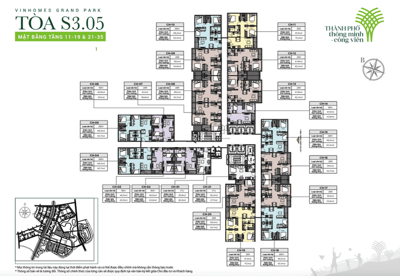 Mặt bằng tầng 11 - 19 & 21 - 35: Phân bố hợp lý với nhiều loại hình căn hộ, phù hợp với nhu cầu đa dạng.