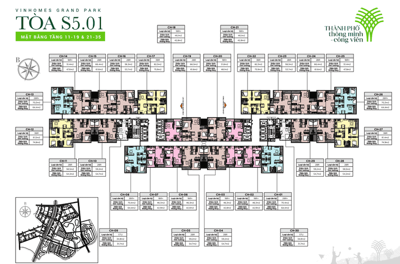 Mặt bằng tầng 11 - 19 & 21 - 35: Các căn hộ được bố trí hợp lý với nhiều loại hình diện tích khác nhau.